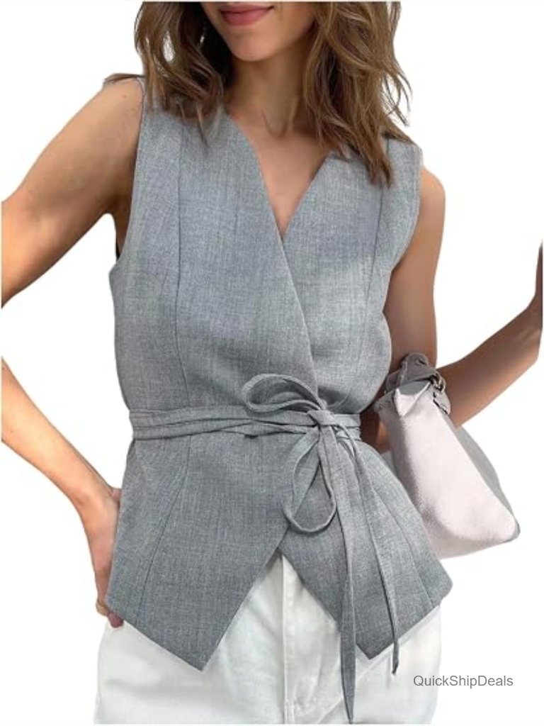 Wrap Tie Knot Cinched Waist Tank Top Business Casual Sleeveless